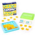Marble maze game with blue square tray, yellow path pieces, colorful marbles, green lid, and illustrated box.