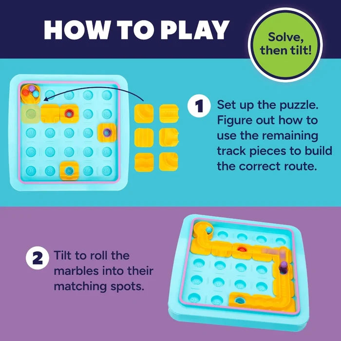 Instructional graphic showing yellow track pieces being placed on a blue square board to guide colorful marbles to targets.