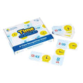 Time Dominoes game box and cards showing digital times and matching yellow analog clock faces on a white background.