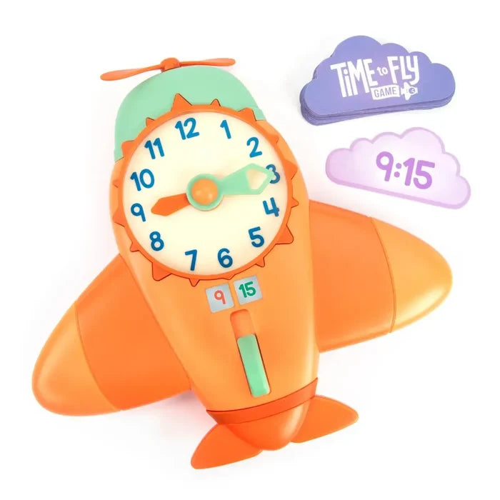 Orange airplane clock toy with green propeller, white face, moving hands, and purple cloud cards showing 9:15.