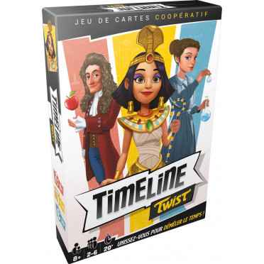 Timeline Twist game box with cartoon illustrations of Cleopatra, Isaac Newton, and Marie Curie on a colorful background.