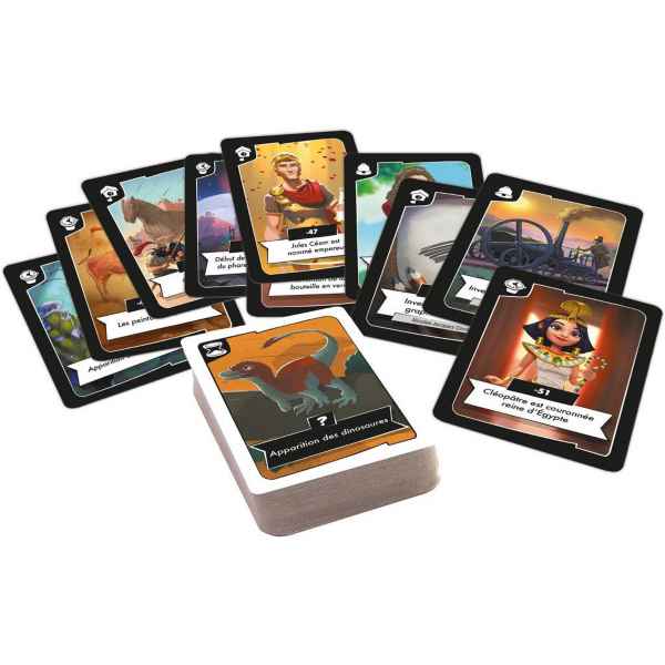 Fanned-out history game cards with black borders and colorful illustrations of a dinosaur and historical figures.