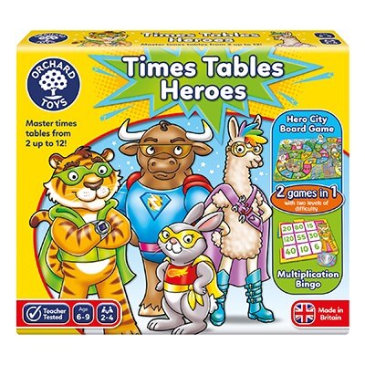 Yellow Orchard Toys box for Times Tables Heroes featuring four animal superheroes and game board previews.