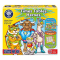 Yellow Orchard Toys box for Times Tables Heroes featuring four animal superheroes and game board previews.