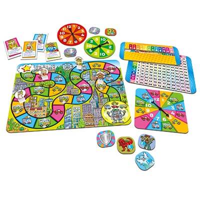 Colorful board game with a city-themed path, number spinners, multiplication grids, and illustrated hero tokens.