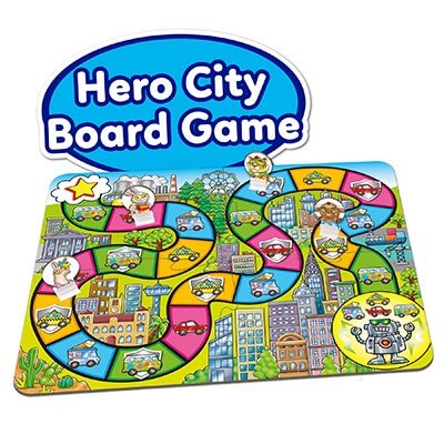 Colorful board game with a winding path through a cartoon city featuring animal heroes, vehicles, and a robot.