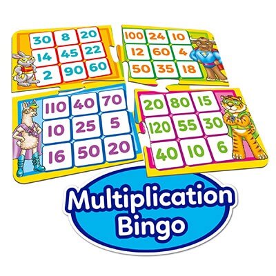 Four colorful Multiplication Bingo cards featuring cartoon superhero animals and number grids for learning math.