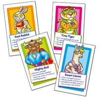 Four game cards featuring colorful superhero animal characters: Fast Rabbit, Time Tiger, Mighty Bull, and Smart Llama.