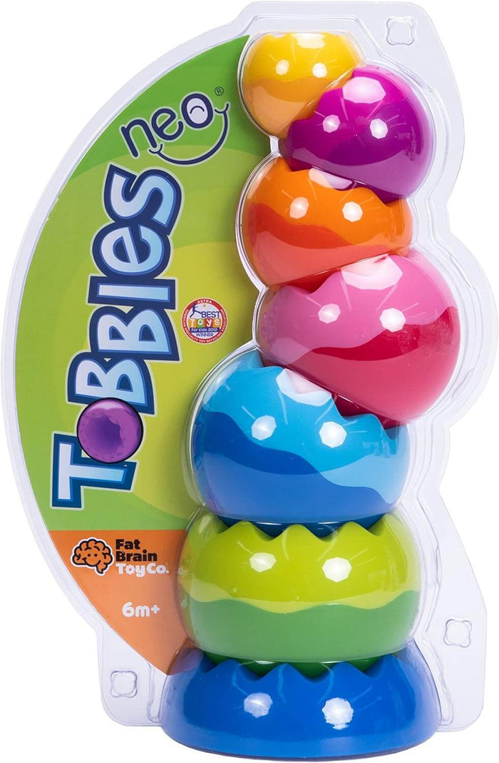 Seven textured, colorful sphere halves stacked in clear packaging. Colors: yellow, purple, orange, pink, teal, and green.