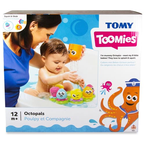 Bath toy box showing a baby playing with colorful octopus squirt toys and a large orange sailor octopus illustration.