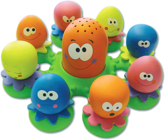 Colorful bath toy with a large orange octopus and eight smaller multi-colored octopuses on a green floating base.