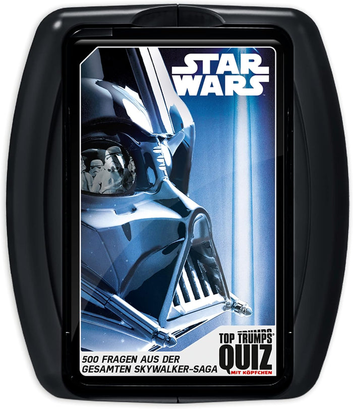Black plastic case for Star Wars quiz game. Cover shows a metallic blue Darth Vader helmet profile and logos.