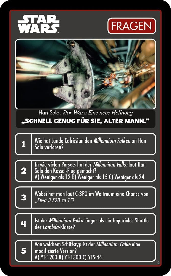 Black and red card featuring a Millennium Falcon image and five numbered quiz questions in German.