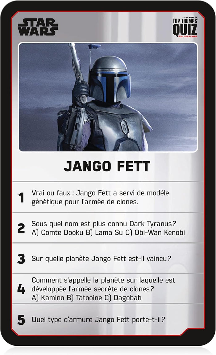 Star Wars quiz card with Jango Fett in silver armor, five numbered French questions, and a red and black border.