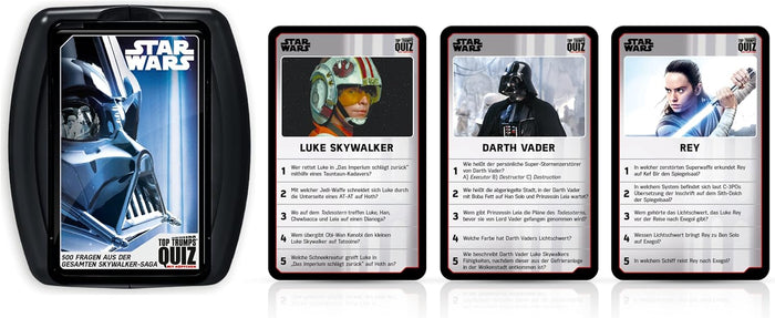 Black portable case and three game cards with Star Wars character portraits and numbered German trivia questions.