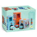 Djeco Topanicar packaging showing colorful stacking cubes and three toy vehicles: an ambulance, fire truck, and police car.
