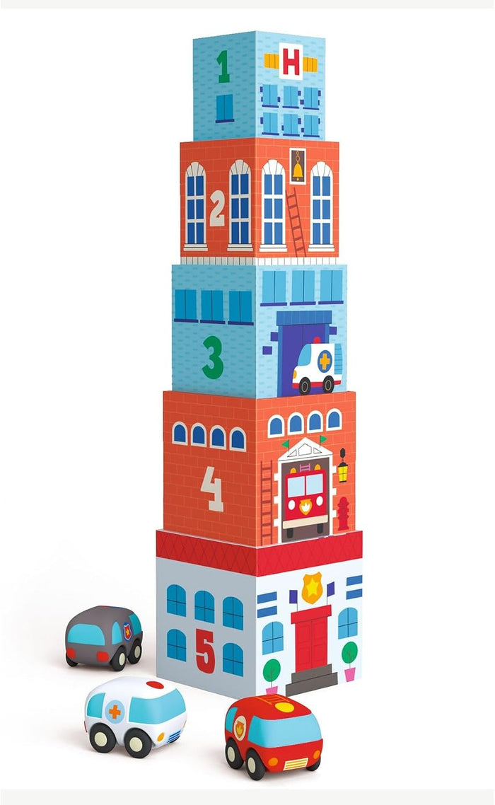 Tower of five numbered stacking cubes illustrated as city buildings with three matching toy emergency vehicles.