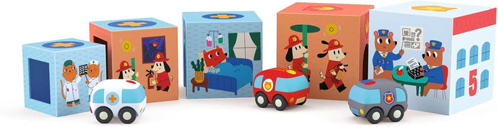 Five colorful nesting cubes with animal rescue illustrations and three small matching toy emergency vehicles.