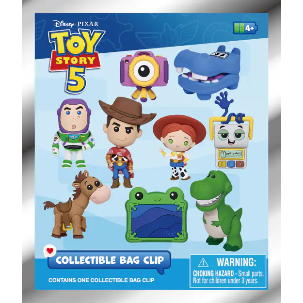 Packaging for Toy Story 5 bag clips featuring character charms of Woody, Buzz, Jessie, Rex, Bullseye, and more.