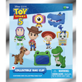 Packaging for Toy Story 5 bag clips featuring character charms of Woody, Buzz, Jessie, Rex, Bullseye, and more.