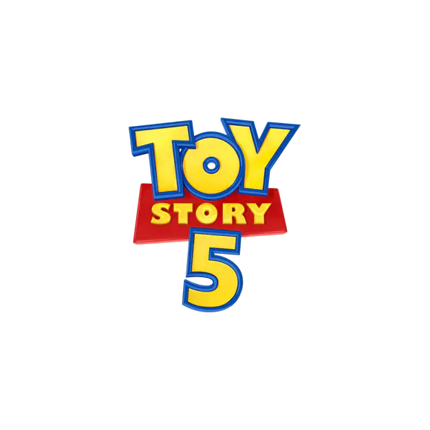 Toy Story 5 logo with yellow 3D letters, blue outlines, and the word STORY on a red banner.
