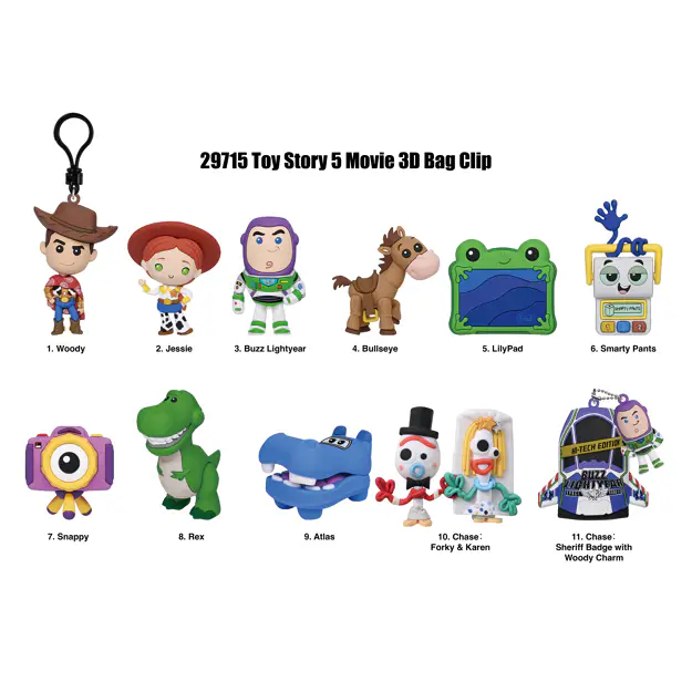 Eleven Toy Story 5 3D bag clips featuring Woody, Buzz, Jessie, Rex, Forky, and several new colorful toy characters.