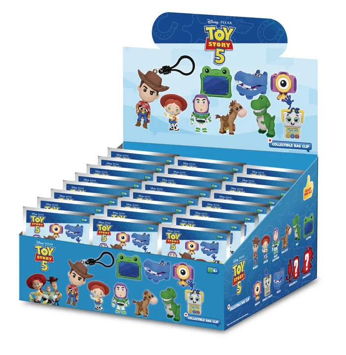Blue display box of Toy Story 5 mystery bags featuring stylized 3D foam character bag clips.