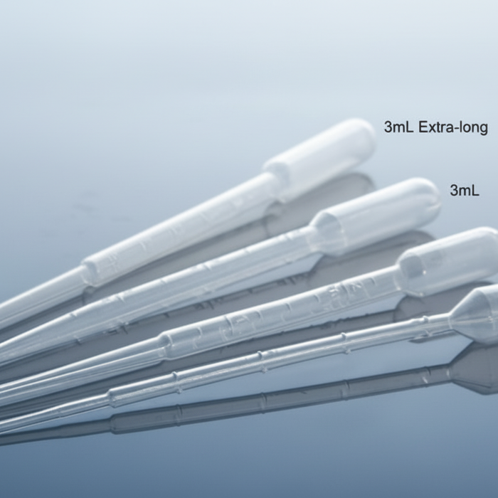 NEST Disposable Transfer Pipettes — family shot showing 1mL, 2mL, 3mL, and 3mL Extra-long sizes with graduated markings