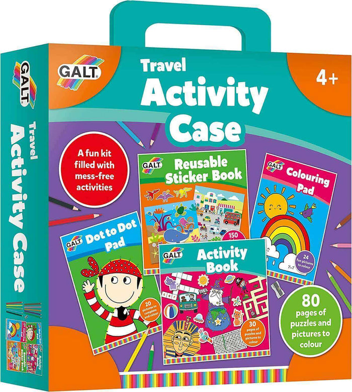Teal plastic travel case featuring four colorful activity books: sticker, coloring, dot-to-dot, and puzzle pads for ages 4+.