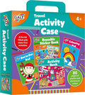 Teal plastic travel case featuring four colorful activity books: sticker, coloring, dot-to-dot, and puzzle pads for ages 4+.