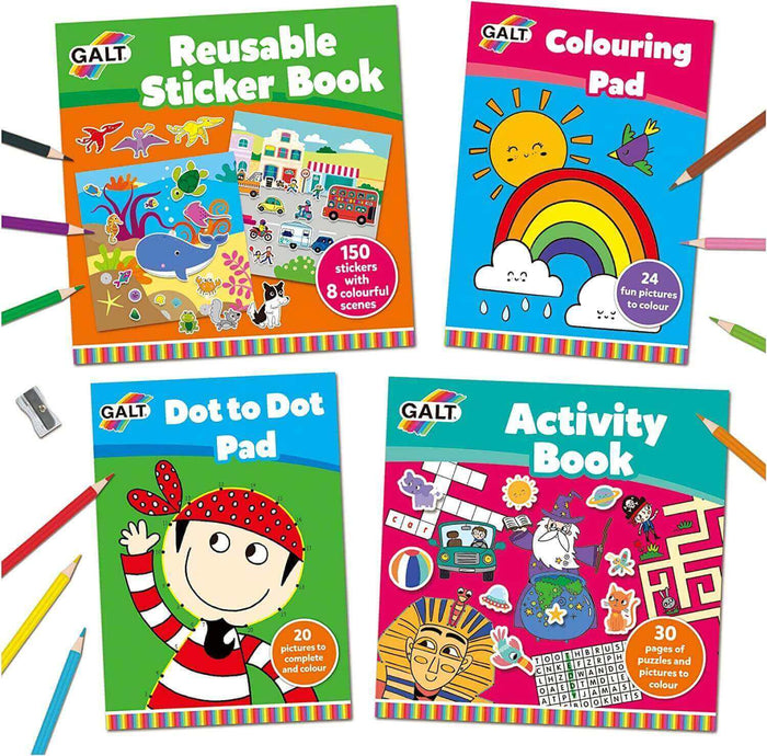 Four vibrant Galt activity books for stickers, coloring, and puzzles, shown with scattered colored pencils.
