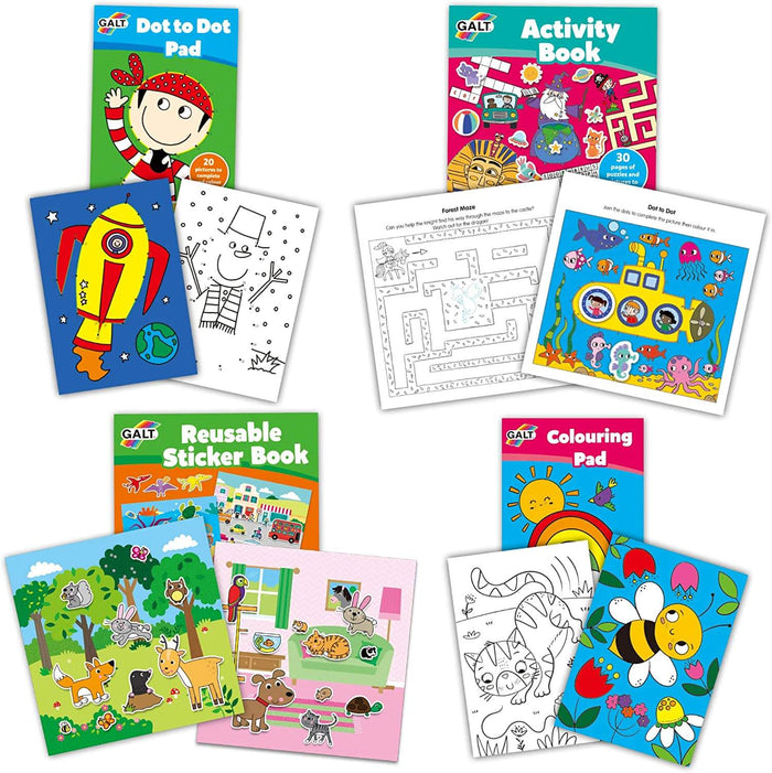 Four Galt activity pads for kids with sample pages of sticker scenes, mazes, coloring, and dot-to-dot puzzles.