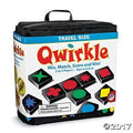 Travel board game in a black zippered case with white packaging, featuring colorful square tiles and red text.