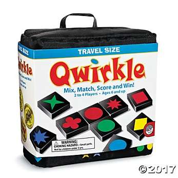 Travel board game in a black zippered case with white packaging, featuring colorful square tiles and red text.