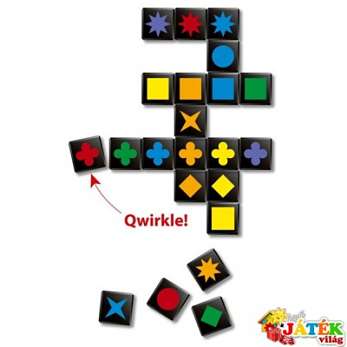 Black square tiles with colorful shapes like stars and crosses arranged in a grid for a tabletop strategy game.
