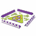Green triangular game board with purple holders and white numbered triangle tiles for multiplication and division.