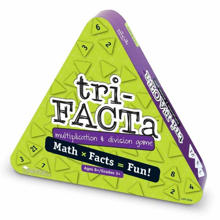 Bright green triangular box with purple trim and yellow number tiles showing multiplication and division facts.