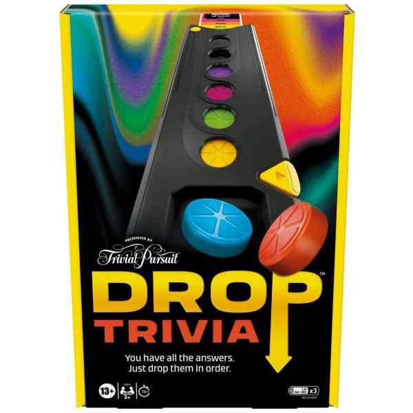 Game box showing a black triangular tower with colored slots and round discs against a vibrant, swirling background.