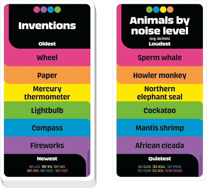 Two vertical trivia cards with rainbow-colored rows ranking inventions by age and animals by noise level.