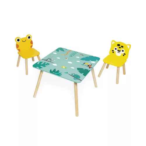 Teal table with tropical animal prints and two yellow frog and leopard-shaped chairs with wooden legs.