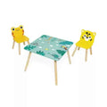 Teal table with tropical animal prints and two yellow frog and leopard-shaped chairs with wooden legs.