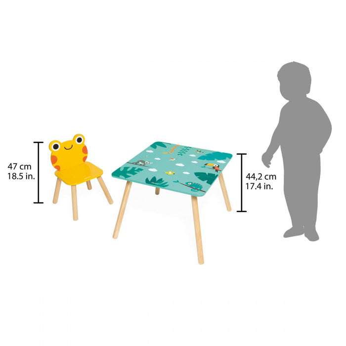 Kid's wooden table and chair set with a yellow frog-shaped chair and tropical animal print tabletop shown with dimensions.