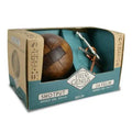 Dark wood ball puzzle and silver and copper wire puzzle in a teal and tan box labeled Shotput and Javelin.