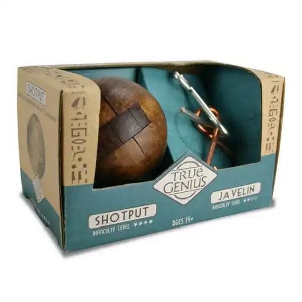 Dark wood ball puzzle and silver and copper wire puzzle in a teal and tan box labeled Shotput and Javelin.