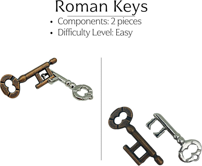 Roman Keys metal brainteaser featuring interlocking bronze and silver keys, shown joined and separated.