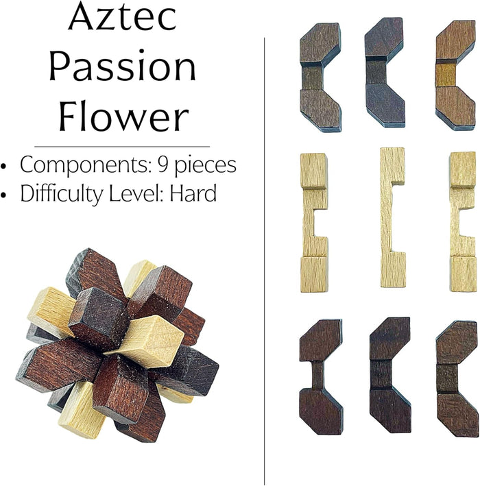 Aztec Passion Flower 9-piece wooden puzzle with light and dark brown notched pieces shown assembled and disassembled.