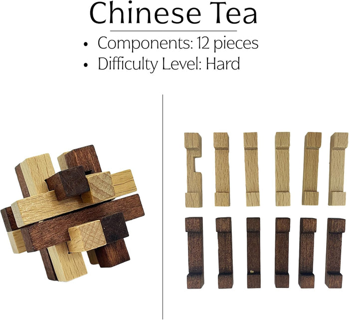 Chinese Tea wooden puzzle with 12 light and dark brown pieces shown assembled and as individual notched bars.