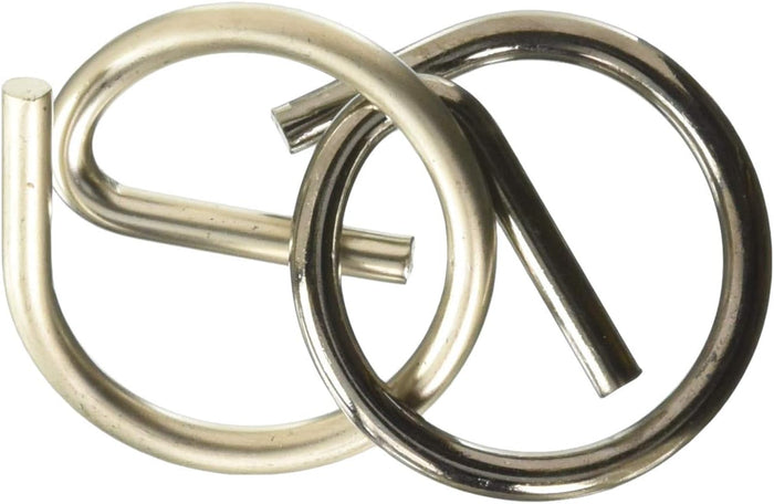 Interlocking gold and silver metal loops with hooked ends, forming a metallic disentanglement puzzle.