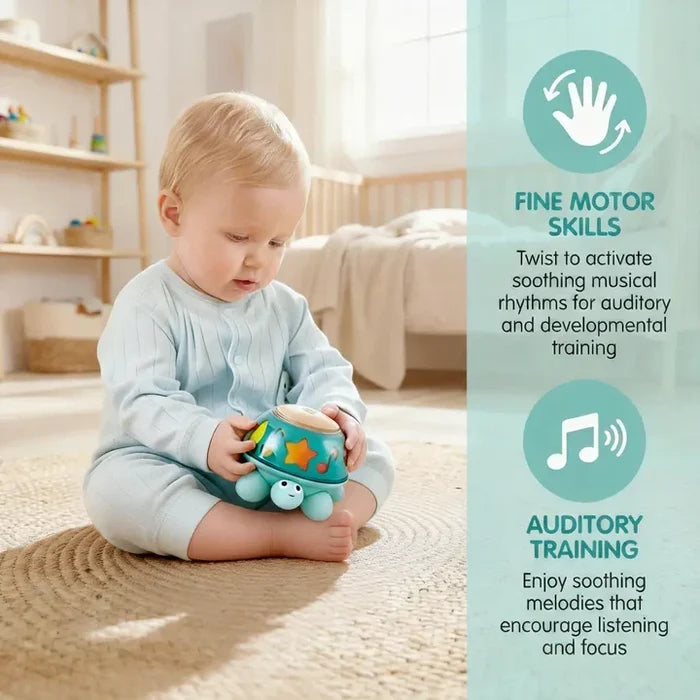 Baby sits holding a teal turtle toy with a wooden twist dial on top and colorful music notes on its shell.