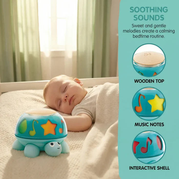 Light blue turtle toy with glowing star cutouts and a wooden top next to a sleeping baby in a light-filled nursery.